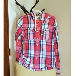 Hollister plaid hooded red shirt